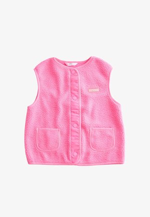 Chaleco polar sin mangas rosa con botones a presión en la parte delantera, dos bolsillos frontales y una pequeña etiqueta "Authentic by Design" en el pecho.