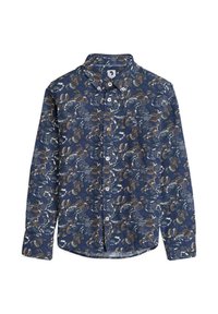 Navyblauwe bloemetjesoverhemd met lange mouwen, een knoopsluiting aan de voorkant en een klassieke kraag. Accenten omvatten lichtgekleurde bloemen en bladeren.