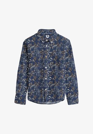 Navyblauwe bloemetjesoverhemd met lange mouwen, een knoopsluiting aan de voorkant en een klassieke kraag. Accenten omvatten lichtgekleurde bloemen en bladeren.