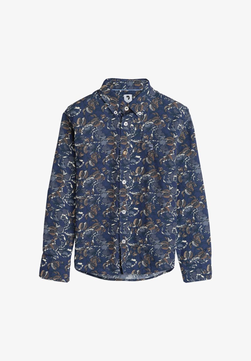 Navyblauwe bloemetjesoverhemd met lange mouwen, een knoopsluiting aan de voorkant en een klassieke kraag. Accenten omvatten lichtgekleurde bloemen en bladeren.