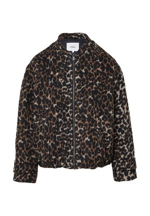 Bomberjacke mit Leopardenmuster, Frontreißverschluss, langen Ärmeln und hohem Kragen, hergestellt aus weichem, strukturiertem Stoff.