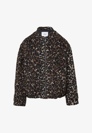 Bomberjacke mit Leopardenmuster, Frontreißverschluss, langen Ärmeln und hohem Kragen, hergestellt aus weichem, strukturiertem Stoff.