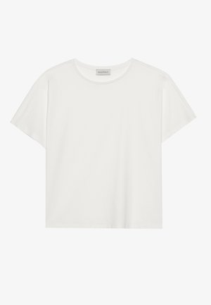 T-shirt blanc à manches courtes en coton doux. Présente un col rond et une coupe décontractée. Design épuré sans motifs ni accents visibles.