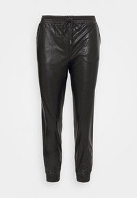 Svarta joggerbyxor i glänsande konstläder, med elastisk midja, snörning och smala benslut för en åtsittande look.