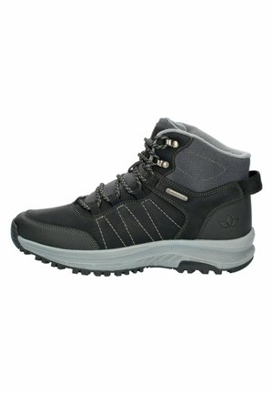 Schwarz-grauer High-Top-Wanderschuh mit profilierter Sohle, Metallösen, gepolstertem Knöchelkragen und Ziehschlaufe an der Ferse.