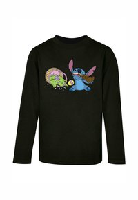 Fekete, hosszú ujjú póló, élénk színekben készült rajzfilm motívummal, amelyen Stitch és egy zöld karakter látható, aki kosárban tojásokat tart.