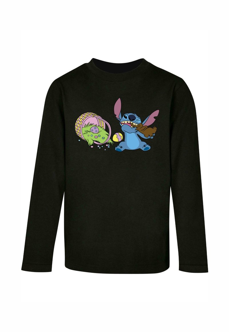 Fekete, hosszú ujjú póló, élénk színekben készült rajzfilm motívummal, amelyen Stitch és egy zöld karakter látható, aki kosárban tojásokat tart.
