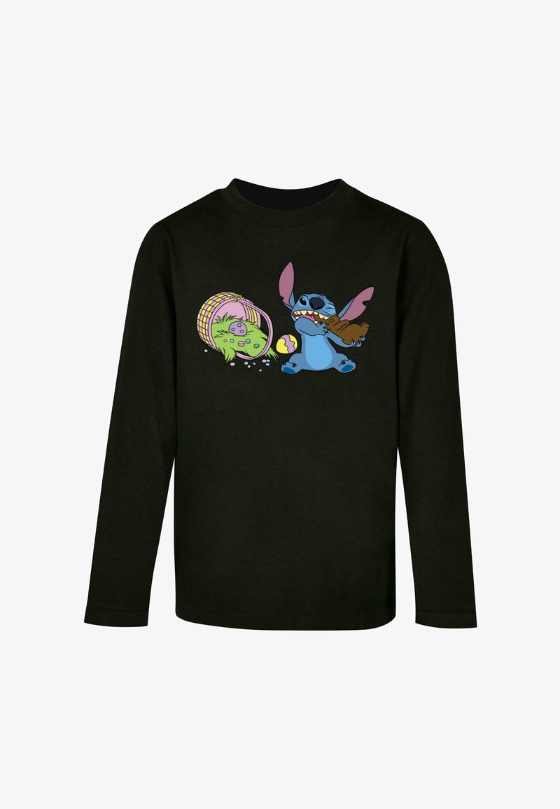 Fekete, hosszú ujjú póló, élénk színekben készült rajzfilm motívummal, amelyen Stitch és egy zöld karakter látható, aki kosárban tojásokat tart.