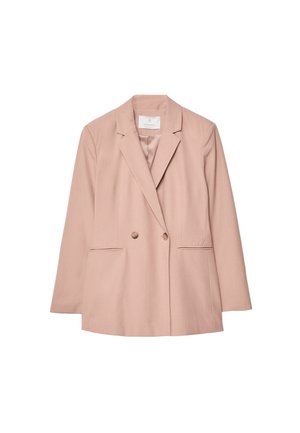 Dvojřadý blazer ze světle růžové tkaniny. Má klopové límce, boční kapsy a uvolněný střih s dlouhými rukávy. Hladká textura.