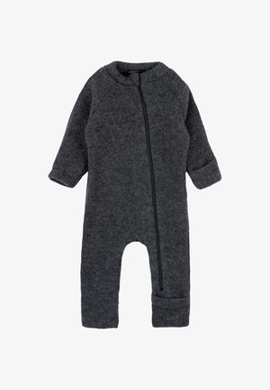 Pilkas flisinis vientisas kostiumas su ilgomis rankovėmis, priekyje užtrauktuku ir suvyniotais rankogaliais. Minkšta tekstūra ir apvalus kaklo iškirpimas; minimalistinis dizainas.