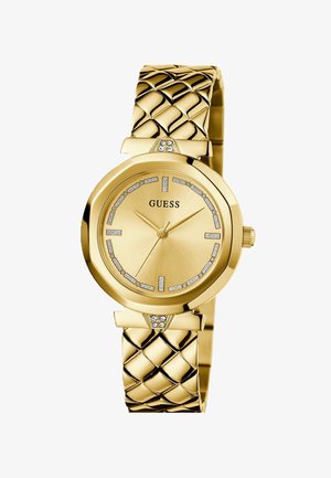 Orologio d'oro con un bracciale strutturato a trama intrecciata e quadrante rotondo. Presenta indici delle ore in tonalità argento e dettagli in cristallo sul quadrante e sulla chiusura.