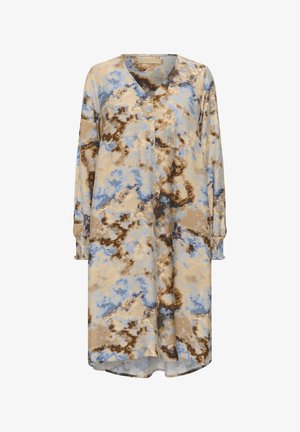 Pikkade varrukatega kleit sinises, pruunis ja beežis abstraktses mustris; V-kaelus kolme nupuga, volangkäised, lõtv istuvus ja kaardus hem.