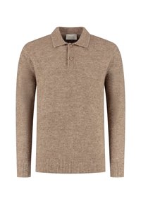 Beige wollen sweater met een kraaghalslijn, drieknoopsluiting, ribgebreide manchetten en zoom. Zachte textuur met een licht gemêleerd patroon.