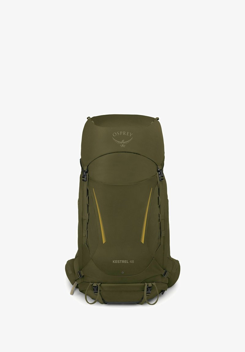 Groene Osprey Kestrel 48 wanderrugzak met gevoerde riemen, voorvakken en compressieriemen tegen een witte achtergrond.
