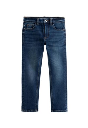 Jean en denim bleu foncé avec bouton devant, fermeture éclair, passants pour ceinture et cinq poches, posé à plat sur un fond blanc.