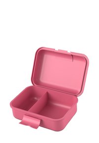 Pink lunchbox made of durable plastic, featuring a hinged lid and two compartments. Smooth texture with a flat base and a front clasp.