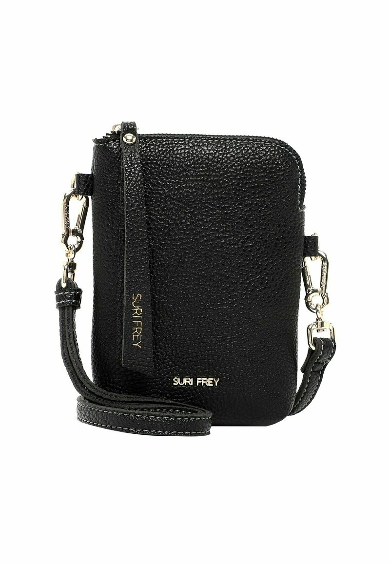 Černá texturovaná kožená kabelka přes rameno se zipovým uzávěrem, odnímatelným popruhem a kovovými detaily. Obsahuje embosované logo značky.