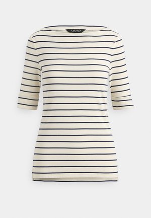 Cream and navy blue striped three-quarter sleeve shirt with boat neckline and slight side slits at the hem.