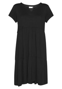 Robe noire à manches courtes en tissu doux, avec un décolleté en V, des volants froncés et une coupe ample.