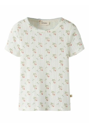 Weißes Kurzarm-Top mit kleinem Blumenmuster, das rote Beeren und grüne Blätter zeigt, rundem Ausschnitt und strukturierten vertikalen Streifen.