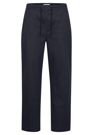 Sötétkék, könnyű pamut nadrág, elasztikus derékkal, összehúzható záródással és oldalsó zsebekkel, egyenes lábú dizájnnal.