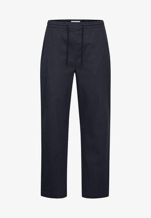 Sötétkék, könnyű pamut nadrág, elasztikus derékkal, összehúzható záródással és oldalsó zsebekkel, egyenes lábú dizájnnal.