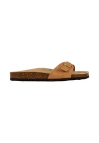 Bruine suede instapsandaal met een kurken voetbed en een enkele verstelbare strap met een metalen gesp, vlakke rubberen zool.