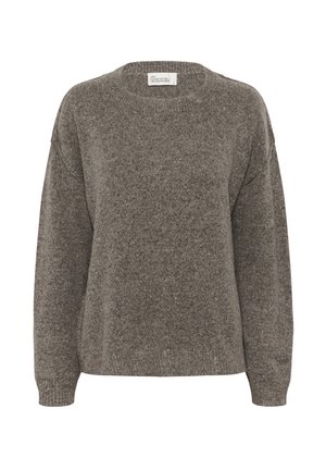 Pull en maille marron à col rond avec manches longues et poignets et ourlet côtelés, étiqueté "Ma Garde-Robe Essentielle".