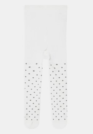 Witte panty met een stippenpatroon in grijs op de onderste helft, gemaakt van een gladde, rekbare stof. Ontworpen voor een snug fit.