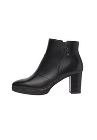 Black leather ankle boot with a pointed toe, mid-height block heel, and side zipper. Features noticeable stitching and a smooth texture.