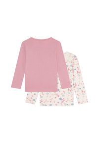 Langermet toppsett: en ensfarget rosa, en hvit med rosa og blå blomstermønster. Mykt bomullsmateriale, vanlig passform, rund hals.