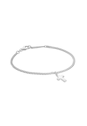 Silbernes Kettenarmband mit kleinem poliertem Kreuzanhänger und Karabinerverschluss vor weißem Hintergrund.