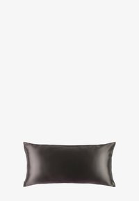 Rectangular black satin pillow with a smooth texture and subtle sheen, featuring a discreet logo on one edge.