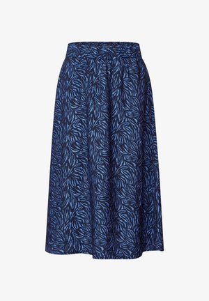 Une jupe à mi-mollet en tissu bleu marine foncé avec un motif de feuillage bleu, dotée d'une taille élastique pour plus de confort.