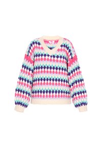 Pulover tricotat gros, cu decolteu în V și mâneci tip balon, având un model multicolor în nuanțe de crem, mov, roz, teal și lavandă.