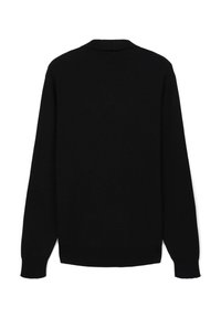 Schwarzer gestrickter Pullover mit langen Ärmeln, gerippter Struktur und rundem Ausschnitt. Er zeichnet sich durch eine saubere, einfarbige Optik ohne sichtbare Verzierungen aus.