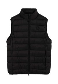 Chaleco de plumas negro con cuello alto, que presenta un acolchado de rayas horizontales, cierre frontal con cremallera y un detalle de logo redondo en el pecho.