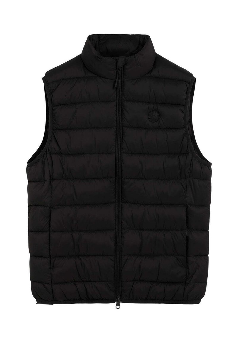 Chaleco de plumas negro con cuello alto, que presenta un acolchado de rayas horizontales, cierre frontal con cremallera y un detalle de logo redondo en el pecho.