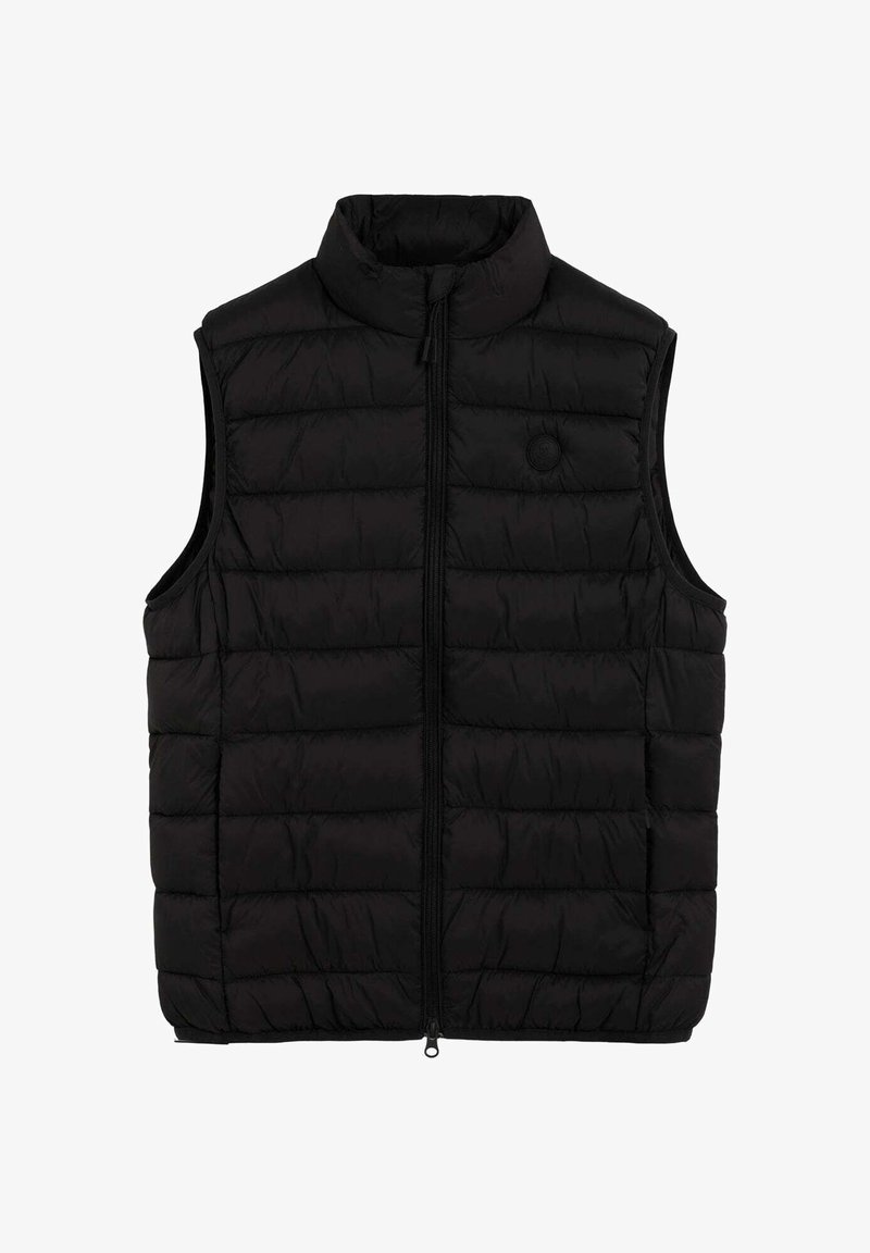 Sort puffer vest med høj krave, der har horisontalt quiltet polstring, lynlås foran og en rund logo accent på brystet.