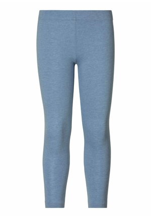 Light blue leggings made from soft, stretchy material, featuring a smooth waistband and a form-fitting design without seams or embellishments.