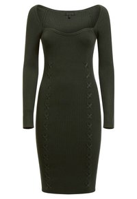 Robe côtelée vert foncé avec des manches longues, taillée, et un détail décoratif en crisscross sur les côtés, avec un décolleté carré.