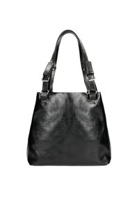 Borsa a tracolla nera in pelle con texture liscia, spallacci decorati da doppi fibbie e silhouette ampia, adatta all'uso quotidiano.