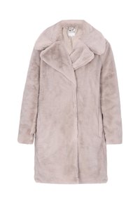 Cappotto in pelliccia sintetica grigio chiaro con un ampio colletto, maniche lunghe e due tasche laterali; texture morbida con una fodera interna liscia.