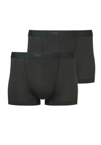 Boxer-briefs en coton noir avec taille élastique, présentant une texture lisse et des coutures ton sur ton. Deux paires exposées ensemble.
