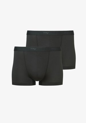 Mustat puuvillaboksershortsit joustovetoketjulla, joissa on sileä pinta ja sävyttävä ompelu. Kaksi paria esillä yhdessä.