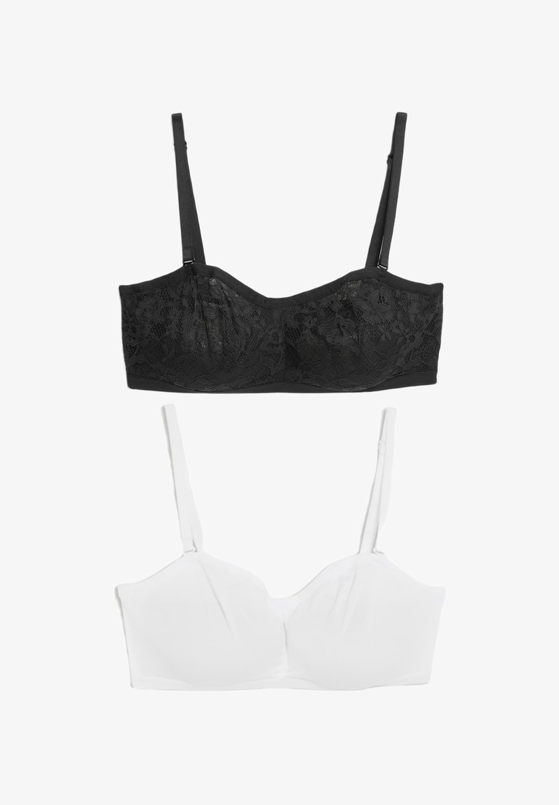 Sostén negro de encaje con detalles de aros y tirantes ajustables, superpuesto a un sostén de tela blanca suave con una forma y diseño de tirantes similar.