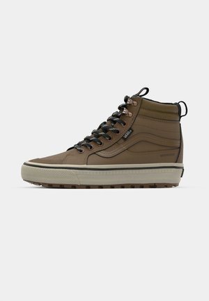 Brown waterproof high-top sneakers with black laces, rubber sole, color-block design, and logo accents on the sides. Ideal for outdoor use.