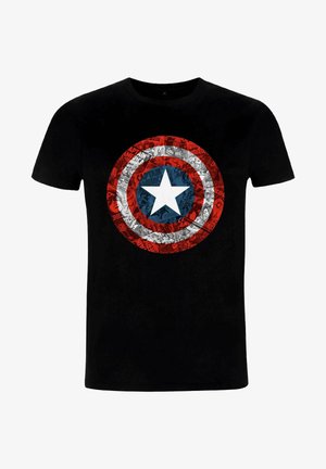 Schwarzes Baumwoll-T-Shirt mit einem kreisförmigen Captain America-Schilddesign in Rot, Weiß und Blau, umgeben von Comic-Muster im Hintergrund.
