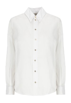 Camicia bianca a maniche lunghe con bottoni, collo appuntito e bottoni tono oro, tessuto liscio e logo ricamato sottile sul petto.