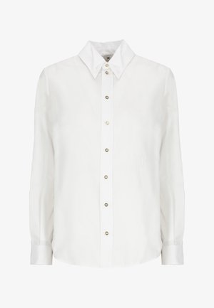 Camicia bianca a maniche lunghe con bottoni, collo appuntito e bottoni tono oro, tessuto liscio e logo ricamato sottile sul petto.
